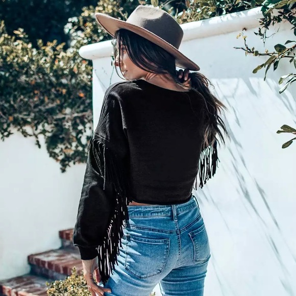 CLEARANCE Black Fringe Cropped Long Sleeve Sweatshirt - Picture 2 of 2